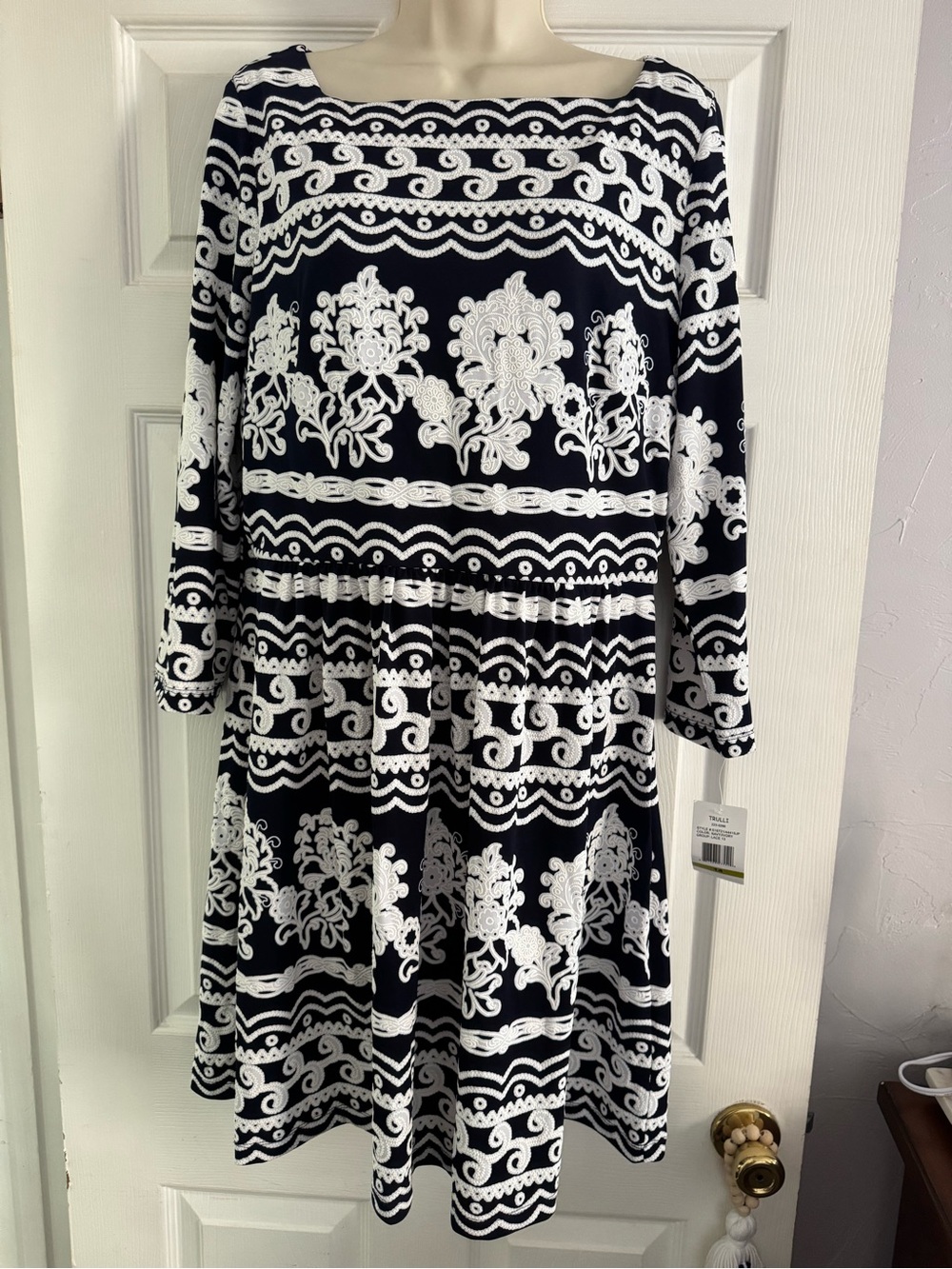 Blue and White Printed Midi Dress with Scoop Neck